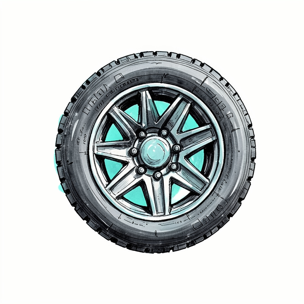 Ink drawing of a heavy-duty truck wheel with a robust multi-spoke pattern, dark graphite and steel blue tones on a pale background, emphasizing durability.
