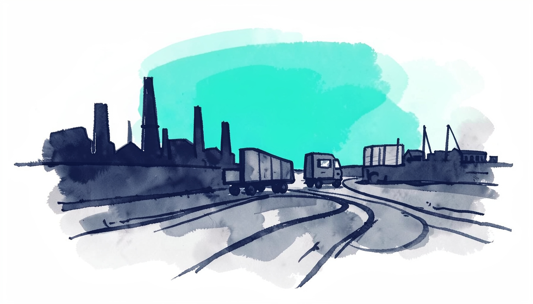 A hand-drawn ink illustration of a stylized industrial landscape with factory silhouettes, a delivery truck, and winding road lines, rendered in deep navy and charcoal tones against a soft gray wash.